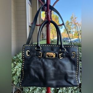 Michael Kors Black Pebble Leather Hamilton Satchel with Gold Accents 10”X 14”